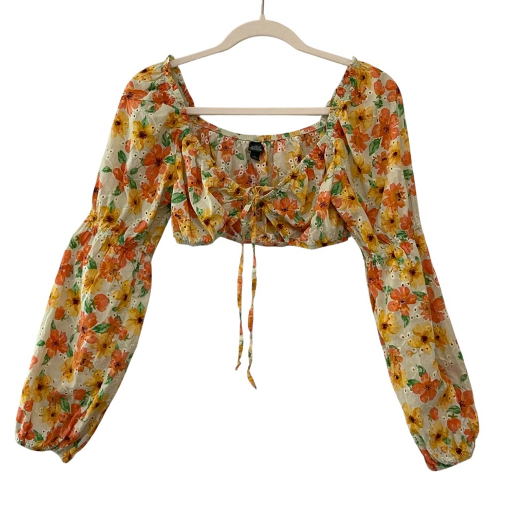 Wild Fable Puff Long Sleeve Alkaid Tiny Top Floral Eyelet Front Tie Size M - Picture 2 of 12